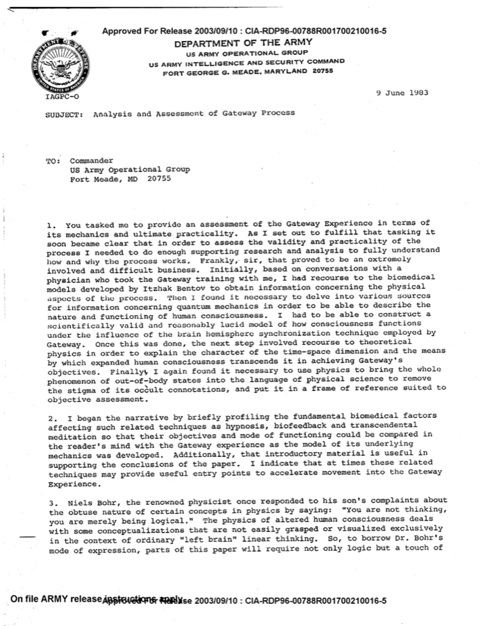 First page of the declassified CIA file: Analysis and Assessment of Gateway Process, 1983